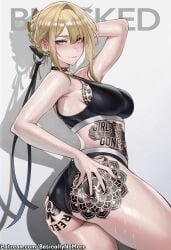 1girls 2d ai_generated ass ass_tattoo basicallynomore big_ass big_breasts blacked blonde_hair breast_tattoo breasts collar evelyn_chevalier female female_only light-skinned_female purple_eyes qos qos_tattoo queen_of_spades solo thick_thighs thighs underwear zenless_zone_zero