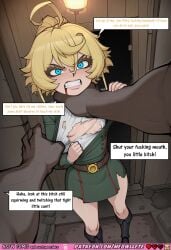 meowllete ai_generated comic comics comic_strip tanya_degurechaff youjo_senki little_girl military_uniform uniform warrior blonde_hair blue_eyes ponytail ahoge angry_expression glaring teeth clenched_fist shouting resistant defiant torn_clothes clothing_destruction ripped_shirt exposed_chest flat_chest petite small_breast slim thick_thighs boots black_boots green_uniform red_trim belt buckle hand_on_neck choking_grab rough_hand male_hand groping size_difference power_struggle angry_sex hate_sex non_con rape revenge_sex domination humiliation dirty_talk text speech_bubble wooden_background lantern night indoor barn shed sweat drool action_lines explicit adult nsfw potential_breath_play potential_choking potential_headlock potential_bondage potential_gangbang potential_rough_sex potential_creampie potential_womb_shot