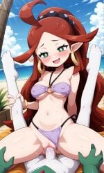 ai_generated amazon_position barefoot beach bikini crossover day dominant dominant_female earings erureido female_human/male_pokemon gallade green_eyes harmony_(shantae) holding_legs long_hair mature_female nipples_visible_through_clothing pokemon pokemon_(species) ponytail pov_male purple_swimsuit red_hair shantae swimsuit vaginal_sex