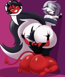 2girls absurd_res anthro big_butt biped bottomless breasts butt butt_grab canid canid_demon canine clothed clothing demon demon_humanoid duo female female/female female_only grey_hair hair hand_on_butt head_between_buttocks hellaverse hellhound helluva_boss hi_res huge_butt humanoid kneeling legwear looking_back loona_(helluva_boss) mammal mechspazer millie_(helluva_boss) mythological_canine mythological_creature mythology red_body spade_tail tail tail_aside thick_thighs thigh_highs white_body yuri