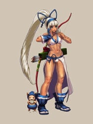 1boy 1girl :t abs arrow_(projectile) bare_shoulders blue_eyes blue_gloves blunt_bangs blush bow_(weapon) breasts champuru cleavage closed_mouth daichan_mona dango dark_skin eating food full_body gloves high_ponytail highres large_breasts majikina_mina muscular muscular_female navel partially_fingerless_gloves partly_fingerless_gloves ponytail quiver revealing_clothes samurai_spirits sandals sarong shiny_skin single_glove small_breasts snk stomach tabi toned toned_abs toned_female wagashi weapon weapon_on_back white_hair yugake
