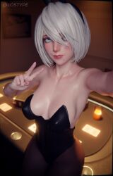 blue_eyes breasts bunny_ears bunnysuit casino lostype nier nier:_automata peace_sign poker_table selfie white_hair yorha_2b