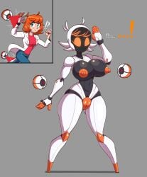 big_breasts breasts drone dronification energy_beam female flybeeth genitals hair hi_res hourglass_figure human humanoid interrobang knock-kneed machine mammal multicolored_body nipples orange_eyes orange_nipples red_hair robot robotization screen screen_face solo transformation transformation_ray transformation_through_technology vulva