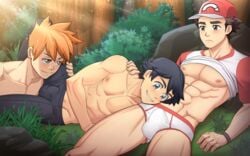 3boys abs blue_oak blush bulge crotch elio_(pokemon) forest gay grass hat leg_lift lying male male_only multiple_boys muscle nature outdoors patreon pokemon pokemon_sm red_(pokemon) sitting smile suiton sweat tree underwear url yaoi