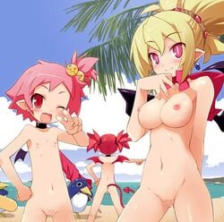 3girls beach breasts color demon disgaea disgaea_2 etna female hanako_(disgaea) happy multiple_females multiple_girls prinny public pussy rozalin smile unknown_gender vagina vulva yui_haga