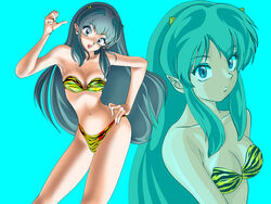 1girls 2000 bikini blue_eyes breasts codama female green_hair horns humanoid large_breasts light-skinned_female light_skin long_hair looking_at_viewer lum oni pointy_ears princess solo tagme tiger_print urusei_yatsura