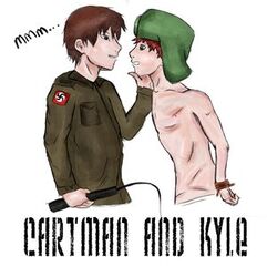 bondage bondage brown_hair character_name clenched_teeth eric_cartman gay hat kyle_broflovski male malesub multiple_boys red_hair south_park topless underwear uniform whip yaoi