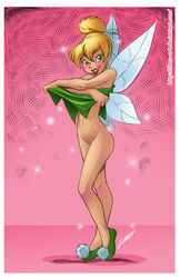 1girls blonde_hair disney disney_fairies dress_lift fairy female jpg linno no_panties peter_pan_(disney) signature smile solo tagme tinker_bell undressing wings