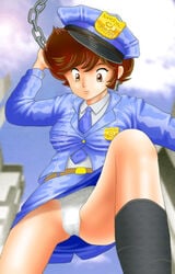 1girls artist_request belt benten biker biker_girl brown_eyes brown_hair chains curvaceous female goddess jacket large_breasts light-skinned_female light_skin necktie outdoors panties police police_uniform policewoman short_hair skirt solo tagme tied_hair tomboy urusei_yatsura