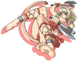 1girls animal_ears ankle_cuffs anklet axe barefoot blonde_hair blue_eyes dual_wielding feet female female_only final_fantasy final_fantasy_xi gochou_(kedama) hairband hatchet jewelry long_toenails mithra soles solo tail toenails toes warrior weapon