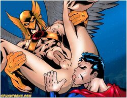 2boys abs anilingus black_hair bottomless buttmunch carter_hall_(character) clark_kent closed_eyes dc_comics erection feathered_wings functionally_nude gay gay_rimjob gay_sex gloves harness hawkman helmet interspecies justice_league kryptonian legs_held_open licking_anus male male_only muscular oral_sex pants_removed partially_retracted_foreskin pecs penis rimjob rimming saliva_drip saliva_on_ass spread_legs spunktoons superhero superhero_costume superman superman_(series) thanagarian tongue_fucking tongue_out veiny_muscles yaoi