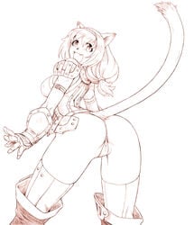 ass bent_over cat_ears cute_fang female female_only final_fantasy final_fantasy_xi gochou_(kedama) mithra monochrome solo tail thighhighs