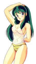 1girls 80s artist_request blue_eyes blush breasts edit female green_hair horns humanoid large_breasts light-skinned_female light_skin long_hair looking_at_viewer lum nipples nude_filter official_art oni pointy_ears princess solo tagme tiger_print urusei_yatsura