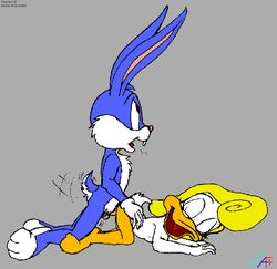 anthro blue_fur bunny buster_bunny doggy_style duck female fur furry interspecies male mammal penis pouncer rabbit shirley_the_loon soft_feathers straight tagme tiny_toon_adventures white_feathers