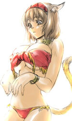 :< animal_ears blue_eyes breasts brown_hair cat_ears cat_tail female female_only final_fantasy final_fantasy_xi hairband huge_breasts large_breasts looking_down mithra short_hair solo tachibana_chacha tachibana_chata tail