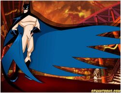 1boy batman batman_(series) beige_skin boots cape cartoon_network cowl dc_comics erection gloves holding_penis human looking_back male male_only mask mostly_nude penis solo spunktoons standing tagme the_batman toonami