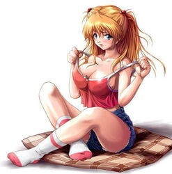 asuka_langley_sohryu blonde_hair blue_eyes blush cleavage clothing erect_nipples erect_nipples_under_clothes female hair large_breasts long_hair looking_at_viewer neon_genesis_evangelion posing shinozuka_jouji shorts socks