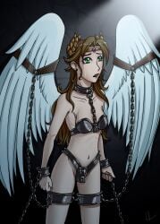 angel_wings bondage bound bound_wings brown_hair chains chastity_belt chastity_bra chastity_device collar crying crying_with_eyes_open cuff_(restraint) female female_chastity female_only femsub green_eyes lock metal_bra metal_collar metal_cuffs metal_panties padlock revealing_clothes sozokureed tears thigh_band wings wrist_cuffs