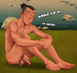 1boy avatar_legends avatar_the_last_airbender barefoot feet flaccid foreskin grass lake male_focus male_only nude outdoors penis sitting sokka solo spicehead sweat wet