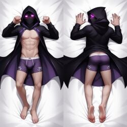 1boy 1male 2025 abs absurd_res ai_generated ass barefoot blanket_grab blush body_pillow_design boner cape dakimakura dakimakura_design embarrassed forced_presentation fortnite gay hoodie light-skinned_male no_mouth purple_eyes raven_(fortnite) semi-erect semi_nude