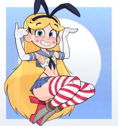 1girls animal_ears blonde_hair blue_eyes cosplay disney_channel heart_facial_mark heel_boots heels high_heels long_hair miniskirt rukisan shimakaze_(kantai_collection) shimakaze_(kantai_collection)_(cosplay) smile star_butterfly star_vs_the_forces_of_evil thighhighs