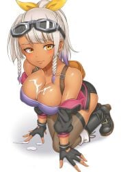 1girls ass big_breasts black_footwear blush boots cleavage cum cum_on_body cum_on_breasts dana_(yasojima_nejiro) dark_skin large_breasts looking_at_viewer off-shoulder_shirt off_shoulder original simple_background sweat tan thighhighs two_tone_hair white_background yasojima_nejiro yellow_eyes