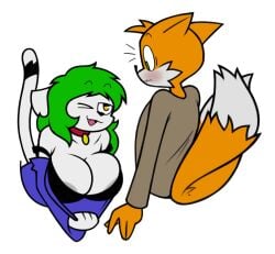 1boy 1boy1girl 2_tails anthro big_breasts breast_awe breasts catgirl clothed collar feline female fox furry furry_only green_eyes green_hair huge_breasts jinnsart leaning_forward multi_tail nipple_outline nipple_slip oc orange_fur original_character original_characters pac-man_eyes pulling_clothing pulling_down_dress pulling_down_shirt shocked shocked_expression suprised teasing two_tone_tail white_fur wink yellow_eyes