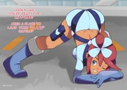 2024_pokemon_teraleak ass ass_focus ass_grab atramada1 back big_ass blue_eyes boots booty_shorts breasts dark-skinned_female dark_skin gloves hair_ornament holster jack-o_pose legs_apart legs_spread medium_breasts midriff midriff_baring_shirt pokemon pokemon_bw pokemon_bw2 ponytail red_hair skyla_(pokemon) smile smiling smiling_at_viewer smug smug_face smug_smile spread_legs tan_body tan_skin text wink winking winking_at_viewer