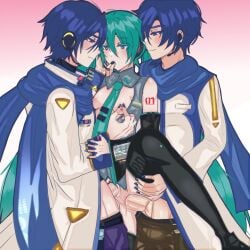 1girls 2boys anal anal_sex anus ass blue_eyes blue_hair blush clothed_sex coat double_penetration erect_nipples erection female_penetrated finger_in_mouth fingers_in_mouth hand_on_arm hatsune_miku headphones kaito kaito_(vocaloid) kaito_v1 kaito_v3 long_hair male_penetrating mmf_threesome negicreme nipple_play nipple_tweak nipples penis_in_ass penis_in_pussy pussy scarf sex small_breasts standing_on_one_leg standing_sex straight tattoo threesome tie twintails vaginal_penetration very_long_hair vocaloid vocaloid_1 vocaloid_3