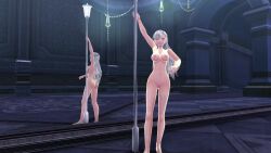 aurelia_le_guin big_breasts eiyuu_densetsu mirror mirror_reflection pole_dancing sen_no_kiseki silver_hair stripper_pole tagme trails_of_cold_steel video