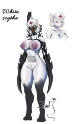 big_breasts black_fur blade blade_arm blue_eyes face_mask muzzle muzzle_(object) nurse nurse_hat slendytubbies slendytubbies_3 slendytubbies_oc thick_thighs white_body white_fur white_scythe