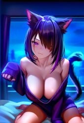 :3 ai_generated bare_shoulders bedroom black_hair cat_ears cat_tail catgirl cleavage clothing eyes_half_open female hair_over_one_eye indoors large_breasts low_cut_top medium_hair mostly_nude night on_bed paw_pose purple_eyes purple_hair purple_nails sleeves_past_wrists solo sweater toes wariza window