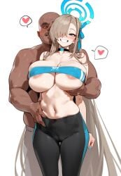 1boy 1girls ai_generated asuna_(blue_archive) blonde_female blonde_hair blue_eyes blush breast_grab censored choker dark-skinned_male fat_man from_behind grabbing hair_over_one_eye halo heart heart_symbol huge_breasts long_hair looking_at_partner old_man older_man_and_teenage_girl ribbon smile smiling smiling_at_viewer sportswear tight_pants tights ugly_bastard visible_nipples