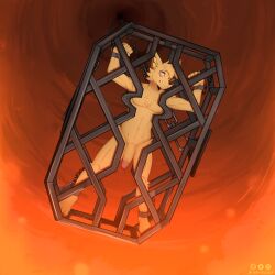 1:1 anthro bound cage canid canine canis cuff_(restraint) fox goldy_(goldenfoxythefox) hainequem hi_res homage imminent_death iron_cuffs lava male mammal metal_cuffs restraints ritual_sacrifice sacrifice scared solo