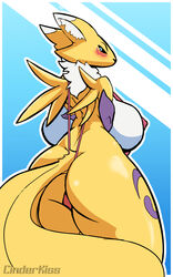 2017 anthro ass big_breasts black_nose blue_eyes blush breasts digimon digital_media_(artwork) female female_only fur hair hi_res looking_at_viewer renamon sajik simple_background solo spreading text thick_thighs two_tone_fur video_games white_fur yellow_fur