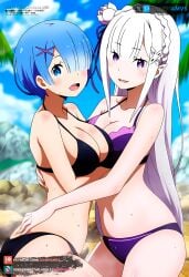 2girls ai_generated beach big_breasts bikini blue_eyes blue_hair clouds curvy curvy_figure emilia_(re:zero) grabbing hair_ornament juanpiamvs long_hair looking_at_viewer open_mouth palm_tree patreon patreon_username pressing_breasts_together purple_eyes re:zero_kara_hajimeru_isekai_seikatsu rem_(re:zero) rocks short_hair silver_hair sky smiling standing subscribestar subscribestar_username sweatdrop watermark