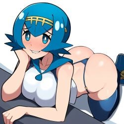 1female 1girl 1girls ai_generated aroused ass biting_lip biting_own_lip blue_clothing blue_eyes blue_hair blush booty bottomless breasts cold_shrike female female_focus female_only game_freak headband horny horny_female human human_only lana_(pokemon) looking_at_viewer nintendo novelai pokemon self_upload shirt solo thighhighs thong white_background white_clothing