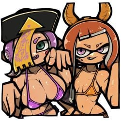 bikini brown_hair cheek_spots green_eyes inkling inkling_girl large_breasts nintendo octoling octoling_girl omoitukan2 pink_eyes purple_hair small_breasts splatoon splatoon_3 splatoween tentacle_hair