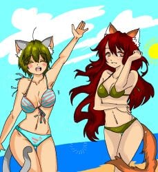 2females 2girls bare_shoulders bikini bikini_bottom bikini_top breasts cleavage collarbone green_hair kirahatesyou koneko-chan motion_lines navel nyan_neko_sugar_girls n~nsg raku-chan red_eyes red_hair swimwear tail