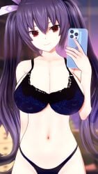 3d big_breasts blue_hair bra breasts cleavage hair_ribbon light_skin lingerie long_hair navel neptunia_(series) noire phone red_eyes selfie smile solo thong twintails