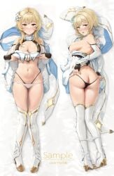 1girls blonde_hair blush blushing dakimakura genshin_impact gold_eyes lumine_(genshin_impact) tagme