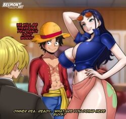 1girls 2boys abs bare_arms bare_legs bare_thighs belmont big_breasts black_hair blonde_hair blue_eyes blush color english_text female hat hi_res large_breasts light-skinned_female light_skin long_hair long_skirt looking_at_viewer male male/female monkey_d_luffy muscles muscular muscular_male nico_robin one_piece pool-skirt sarong scar short_hair shounen_jump skirt sunglasses tagme text thick_thighs vinsmoke_sanji