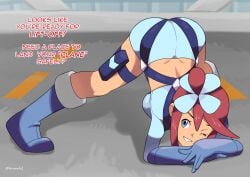 ass ass_focus ass_grab atramada1 back big_ass blue_eyes boots booty_shorts breasts dark-skinned_female dark_skin gloves hair_ornament holster jack-o_pose legs_apart legs_spread medium_breasts midriff midriff_baring_shirt pokemon pokemon_bw pokemon_bw2 ponytail red_hair skyla_(pokemon) smile smiling smiling_at_viewer smug smug_face smug_smile spread_legs tan_body tan_skin text wink winking winking_at_viewer