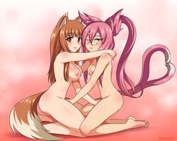 2girls absurdres animal_ears blazblue blush breasts brown_fur brown_hair cat_ears crossover duo eyewear female fingering fur glasses gradient_background grin highres holo humanoid kneeling kokonoe mammal medium_breasts multiple_girls nipples nude pink_fur pink_hair red_eyes simple_background slit_pupils smaller_version_at_source smile spice_and_wolf twintails white_fur wolf_ears xeladuart yellow_eyes yuri