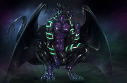 2017 3_toes 5_fingers abs absurd_res anthro balls black_penis blue_eyes claws countershading crouching digital_media_(artwork) digitigrade dragon fangs front_view fur gloves_(marking) glowing glowing_eyes grin hair half-erect hi_res horn humanoid_penis looking_at_viewer male male_only markings membranous_wings muscular muscular_male pecs penis purple_countershading rakisha rubber sharp_teeth shiny slit_pupils smile socks_(marking) solo stripes tail_tuft teeth toe_claws toes tuft wings