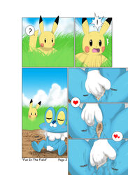 ! ? ambiguous_gender blush comic duo female feral froakie grass heart hi_res mammal masturbation nintendo open_mouth page_2 pikachu pokémon_(species) pokemon pussy pussy_juice rodent text vaginal_masturbation vaginal_penetration video_games walk-in winick-lim