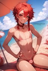 1boy ai_generated alexander_(fate/grand_order) beach bikini bulge collar fate_(series) femboy feminine_male hands_on_hips lustedcomplex male male_only navel outdoors outside red_eyes red_hair seaside sky smile solo solo_male swimwear trap