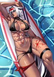 1girls armpits arms_up bikini black_bikini body_markings breasts caenis_(fate) cleavage dark-skinned_female dark_skin fate/grand_order fate_(series) large_breasts looking_at_viewer lying muscular muscular_female on_back solo swimsuit thick_thighs zinfian