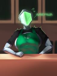 barista big_breasts breasts brim024 character_request female glowing glowing_face glowing_screen humanization humanized humanoid looking_at_viewer robot robot_girl robot_humanoid screen screen_face starbucks starbucks_barista starbucks_uniform talking talking_to_viewer