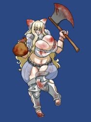 armor axe belly_button blonde_hair blood bloodstain bloody_axe bloody_clothes blue_eyes breasts_squeezed_together charlotte_(fire_emblem) fire_emblem fire_emblem_fates greaves grin grinning_at_viewer ivanpanced_(artist) large_breasts looking_at_viewer navel puckered_lips sack sandals self_upload simple_background thick_thighs white_bow wide_hips yandere